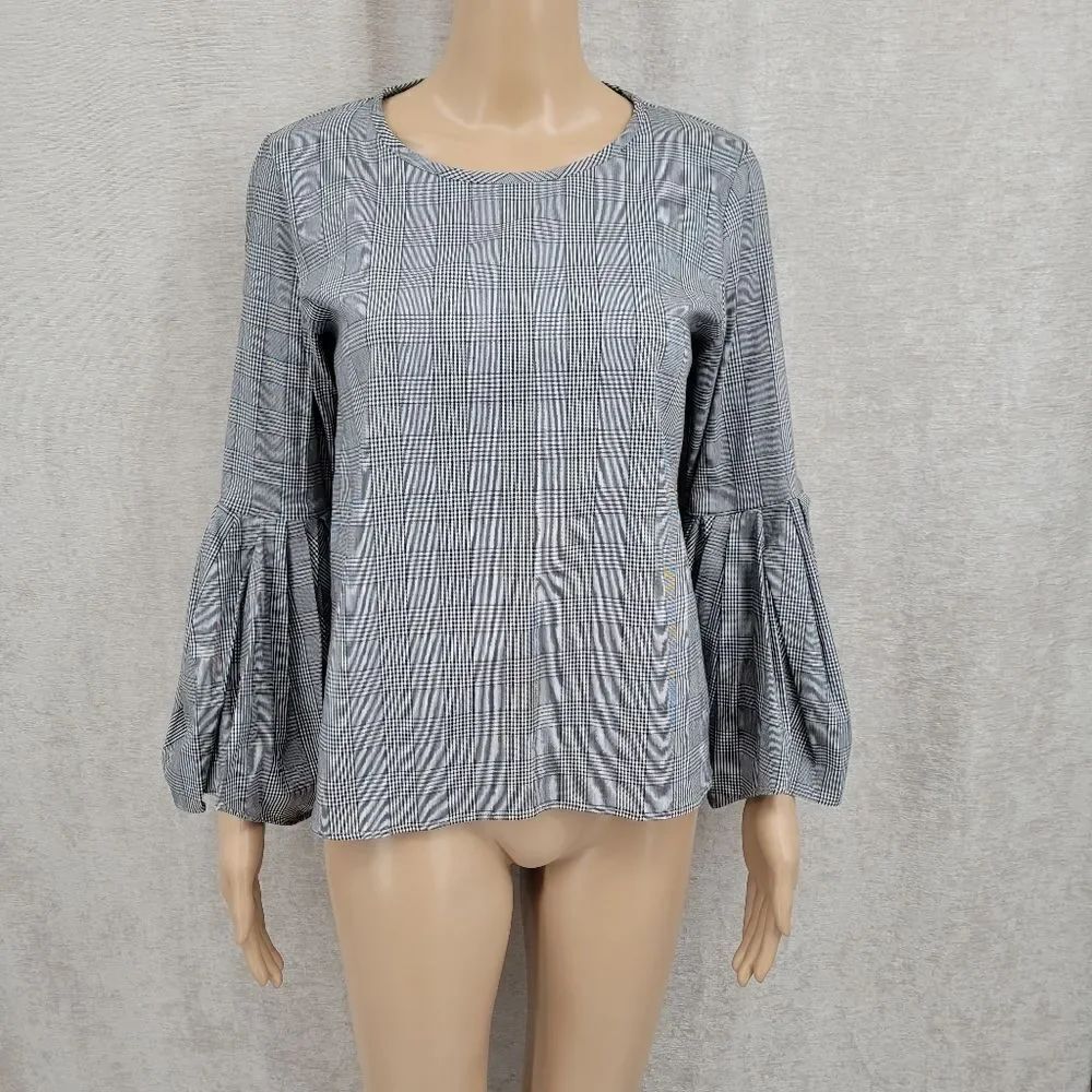 Zara Woman Glen Check Black White Plaid Bell Sleeves Top Blouse NWT XS